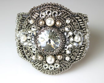 Silver Swarovski Bead Embroidered Bracelet