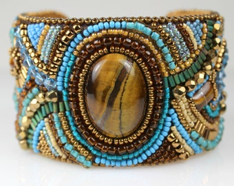 Tiger Eye Beaded Beadwoven Turquoise Ochre & Gold Large Chunky Bold Statement Bead Embroidered Cuff Bracelet