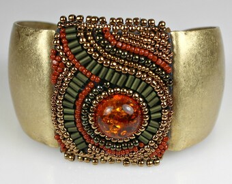 Gold Beaded Cuff - Antique Look Bead Embroidered Bracelet with Amber