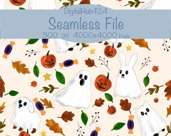 May include: Seamless pattern featuring Halloween-themed illustrations. The design includes white ghosts, jack-o'-lanterns, autumn leaves, candies, stars, and sprigs on a cream background. The text "Seamless File" is displayed in a blue rectangle.