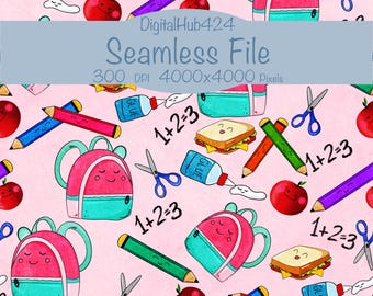Kawaii Back to School Seamless Pattern | Pink School Supplies (Digital Download)