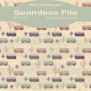 May include: A seamless digital pattern file featuring a repeating design of vintage-style camper vans in shades of pink, purple, and teal, interspersed with small floral sprigs and star shapes on a light beige background with text overlay.