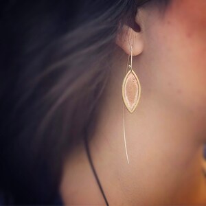 Rustic brass and copper leaf shape earrings with long silver ear wire