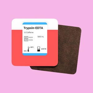 May include: A red and white label with the text "Trypsin-EDTA" and "[+] Caffeine". The label also includes the text "REF 43210", "LOT 01234", "500 mL", "25°C", "1234-56", and "5°C".