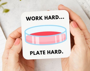 Funny Science Lab Coaster | Work Hard, Plate Hard. Science Teacher Gift, Science Gift for Scientists, Biology Chemistry Physics Gift Coaster