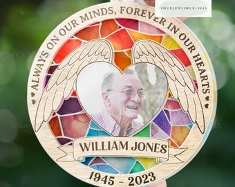 Custom Photo Suncatcher Ornament, Always On Our Minds Forever In Our Hearts Suncatcher Ornament, Memorial Suncatcher