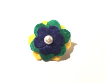 Handmade Navy, Green, and Yellow 1.75in Felt Flower Pin