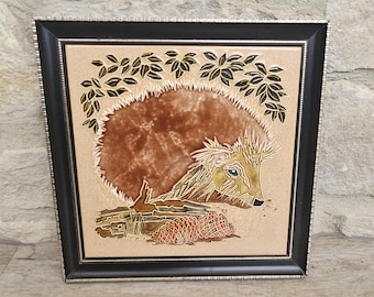 Large Framed Majolica Hedgehog Tile Wall Hanging Vintage Made in England Cottagecore Woodland Decor