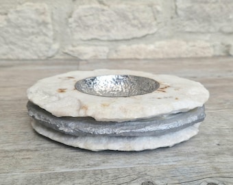 Alabaster & Weißmetall Vide Poche Catch-All Schüssel Handmade Vintage