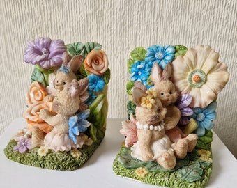 Vintage 1990s  Bunny Rabbits and Flowers bookends Resin 4" Tall 3.5" Wide Vgc