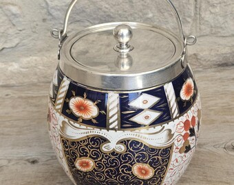 Antikes Keksfassglas Imari Keramik mit versilbertem Griff Made in England