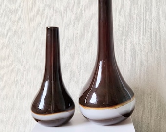 Midcentury Graduated Italian Blown Amber Art Glass Swirl Banded Bottle Vases x 2