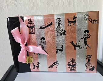 ヴィンテージ 90年代 漆器 伝統写真アルバム ピンク クリーム ストライプ 50年代スタイル 希少 珍しい
