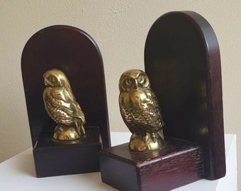 Pair of Vintage Solid Brass Owl Figures Hardwood Mounted Book Ends.