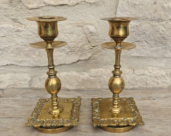 Vintage Small Ornate Brass Candlesticks Matching Pair of Gold Brass Heavy Quality 14cm Tall