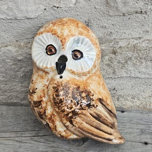 Puede incluir: Figura de búho de cerámica en tonos beige y marrón. El búho tiene ojos grandes y redondos, un pico negro y detalles de plumas. La figura está sobre un fondo gris texturizado.