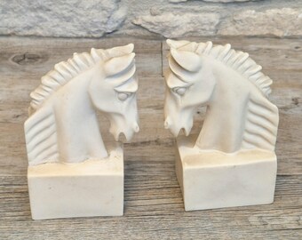 Vintage Horse Head Bookends White Resin Equestrian Decor Retro Mid Century Style