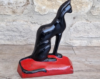 Antiker seltener Gusseisen Art Deco schwarze sitzende Katze Türstopper