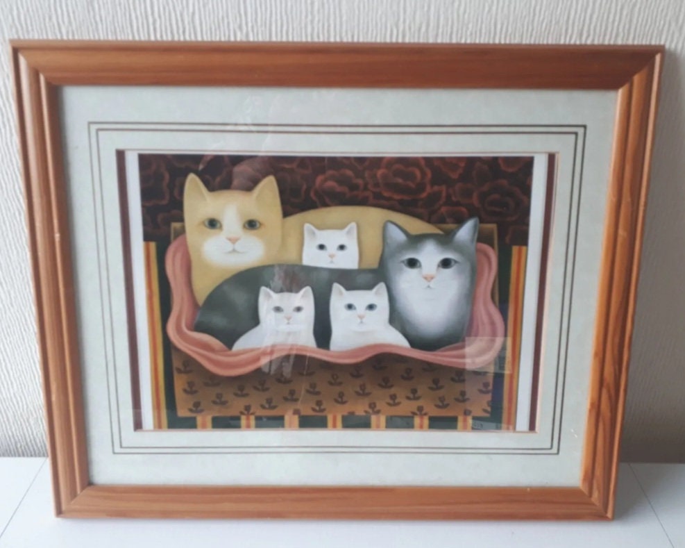 Vintage Humourous Cat Print Picture Framed Artwork Picture by