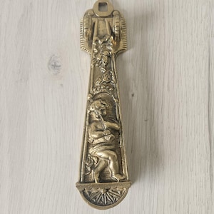 Vintage Large Door Knocker Cherub Flute Heavy Brass Reclaimed English Door Knocker 22cm Long