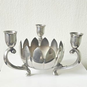Vintage Lotus Flower Triple Cup Candle Holder and Flower Display Bowl Silver Plated Heavy Solid
