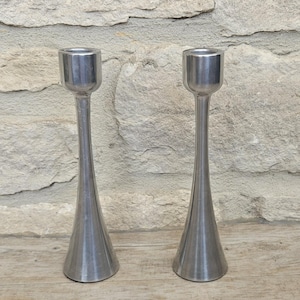 Mid Century Pair Steel Candlesticks, Danish Atomic Style ,Candle Holders, 20cm Tall Vintage Decor