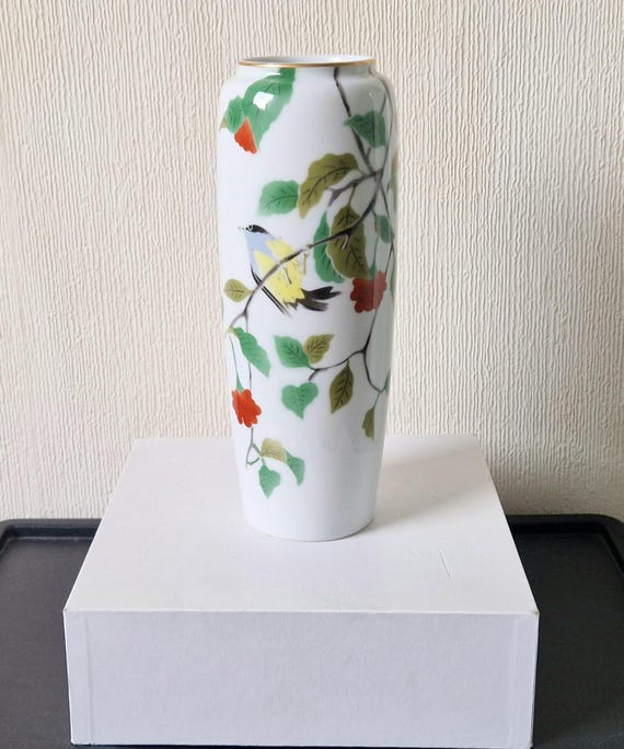 ヴィンテージ深川磁器花瓶：手描きの鳥と花、高さ11インチ - Etsy 日本