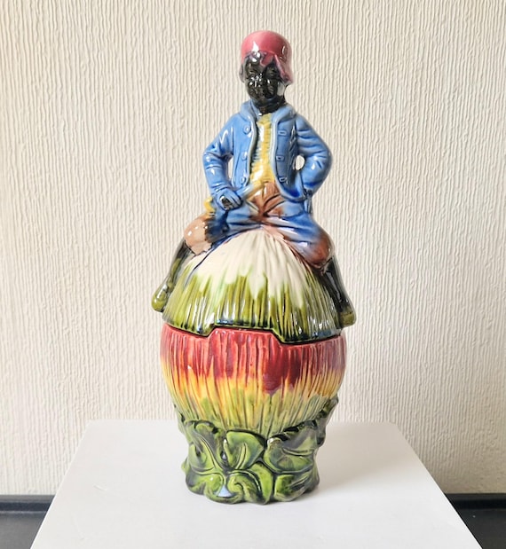 majolica tobacco jar Vintage Large Majolica Kitsch Handpainted Ceramic Boy Astride A Melon  Colourful Lidded Tobacco Jar