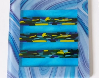 Vintage Large Fused Art Glass Aqua Blue Square Trivet Tile 19.5cm x 19.5cm VGC