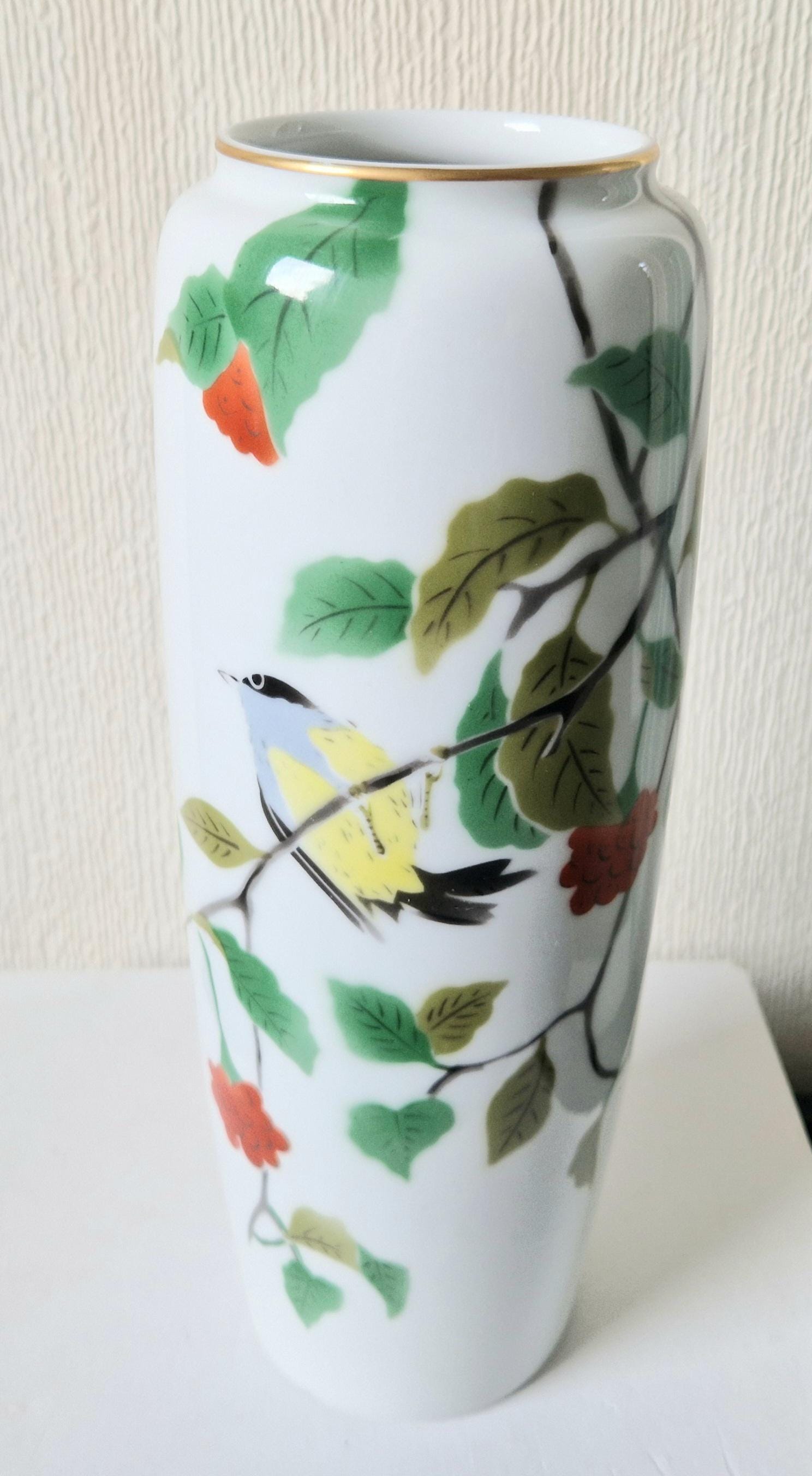 ヴィンテージ深川陶器花瓶：手描き鳥と花、11インチ - Etsy 日本