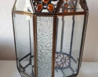 Vintage abgeschrägte Glas-Metall-Veranda-Laterne, Anhänger, Deckenleuchte, Lampenschirm, Qualität, schwer, 30,5 cm hoch