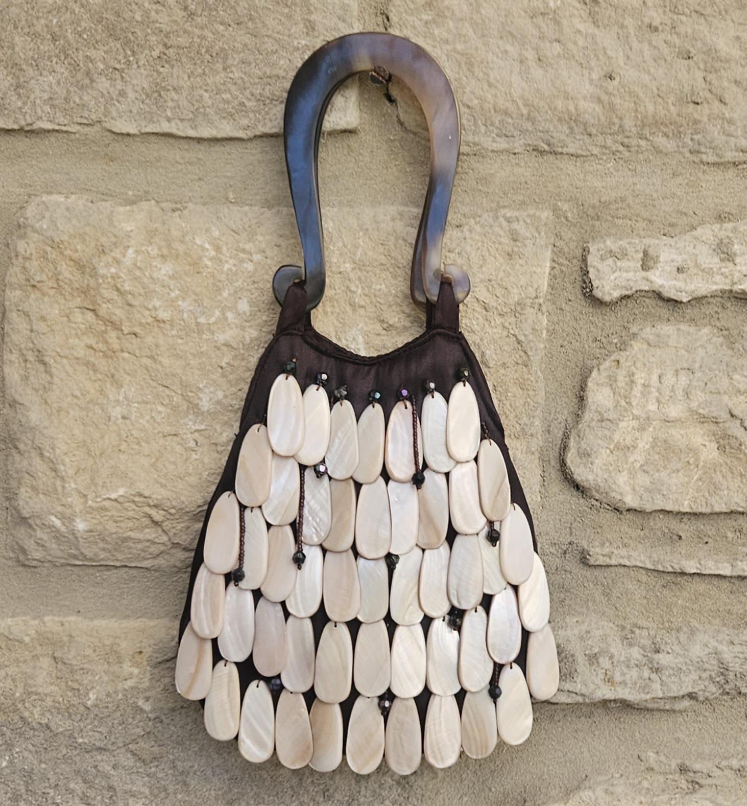 Vintage Mother of Pearl Shell Handbag Small Boho Beach Statement Purse