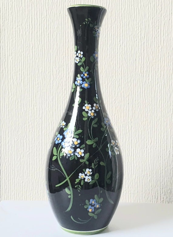 Marmaca San Marino Vase Art Ceramic Black Floral Amphora Tall 