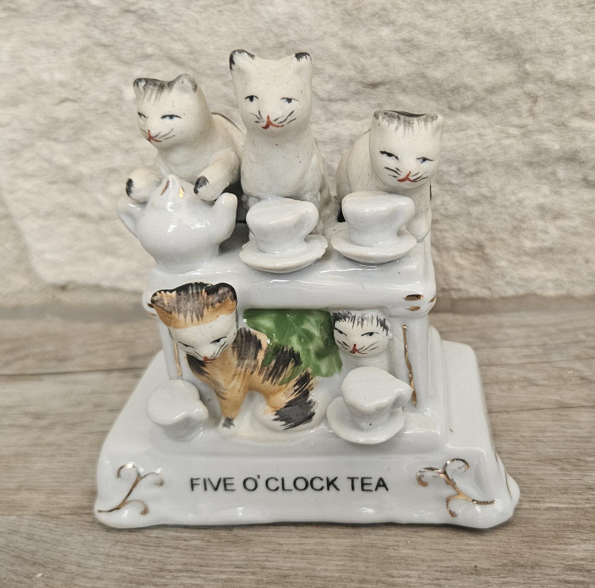 Antique Victorian Fairings Cat Ornament Five O'clock Tea Kittens