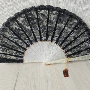 Vintage Black Lace Spanish Hand Fan: Valentia Spain Ornate Folding Fan