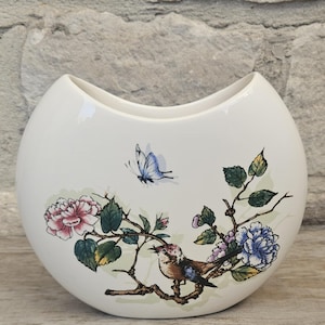 Vintage Bird Flowers Vase Half Moon Vase L'oiseau Poete From GIEN France 15cm Tall