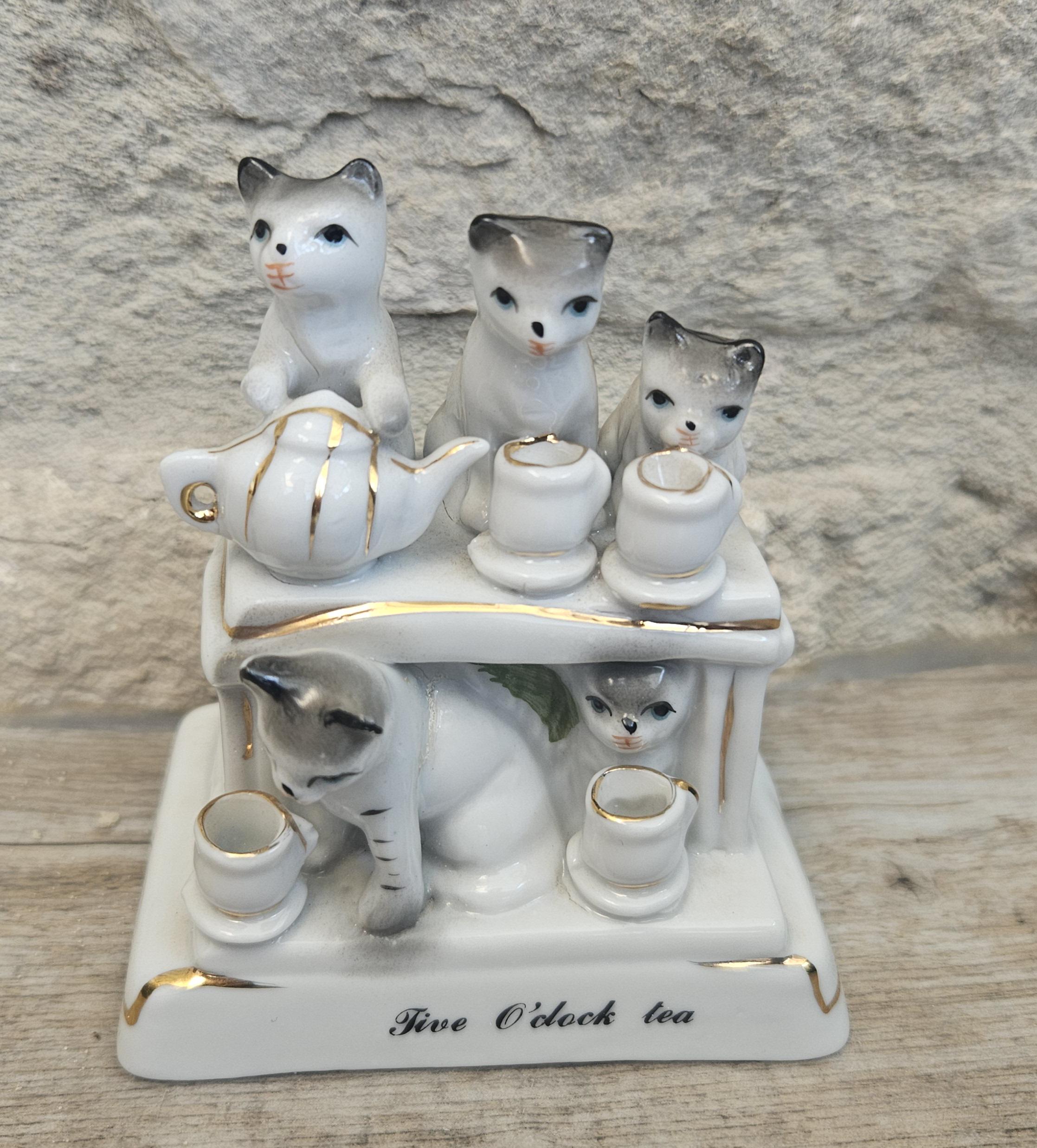 Antique Victorian Fairings Cat Ornament Five O'clock Tea Kittens