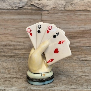 Vintage Rare Limoges Ceramic Poker Hand Full House Card Trinket Pill Box Casino
