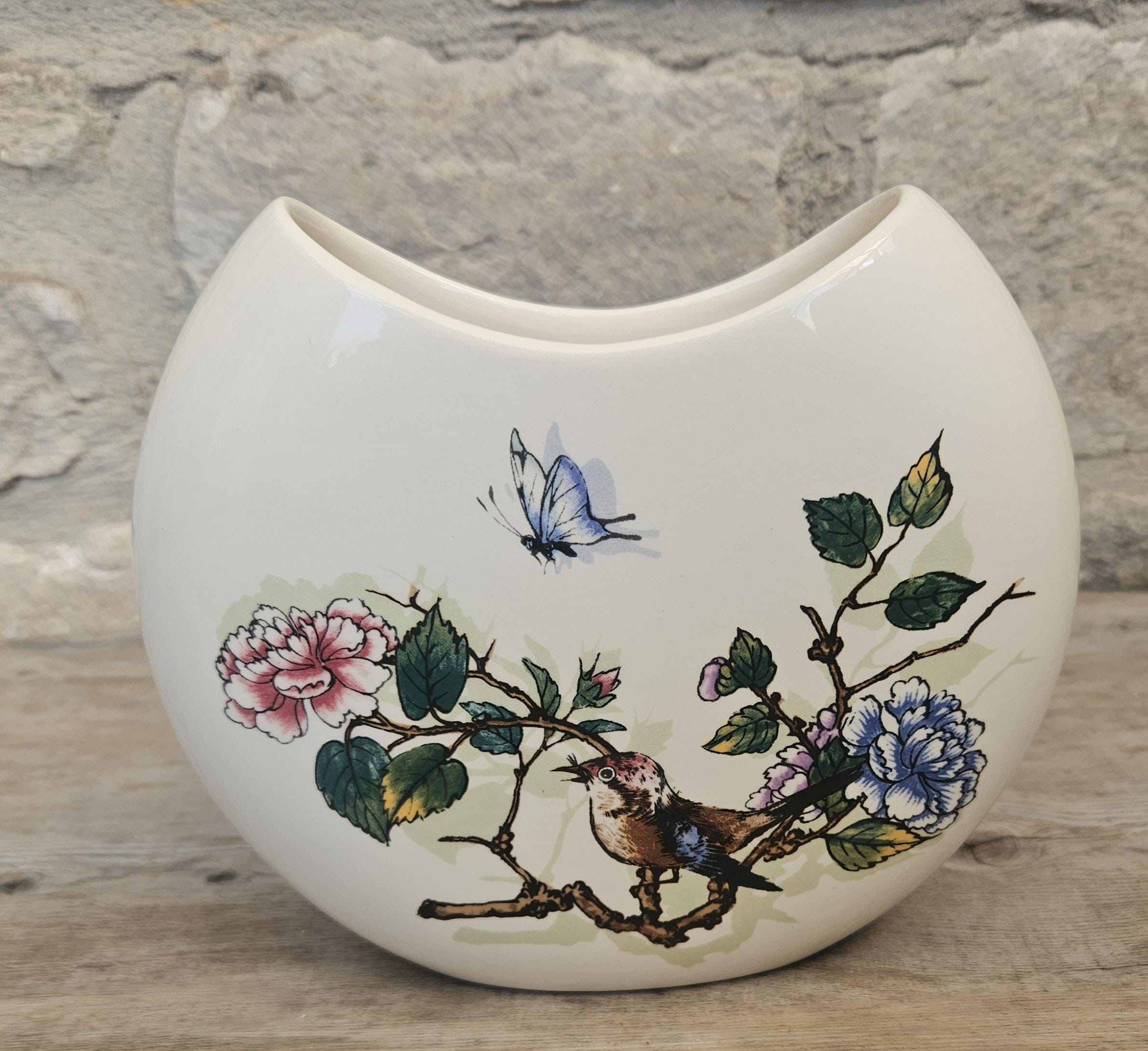 Vintage Vase Bird Flowers Vase Half Moon L'oiseau Poete From GIEN