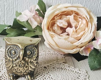 May include: A small, brass owl figurine with detailed feather and eye designs. The owl is positioned on a cream-colored, crocheted doily, with a large, peach-colored rose and other flowers in the background. The figurine is approximately 3 inches tall.
