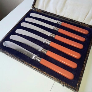 Vintage Set of 6 Boxed EPNS Fruit/Butter Knives with Rare Coral Coloured Handles