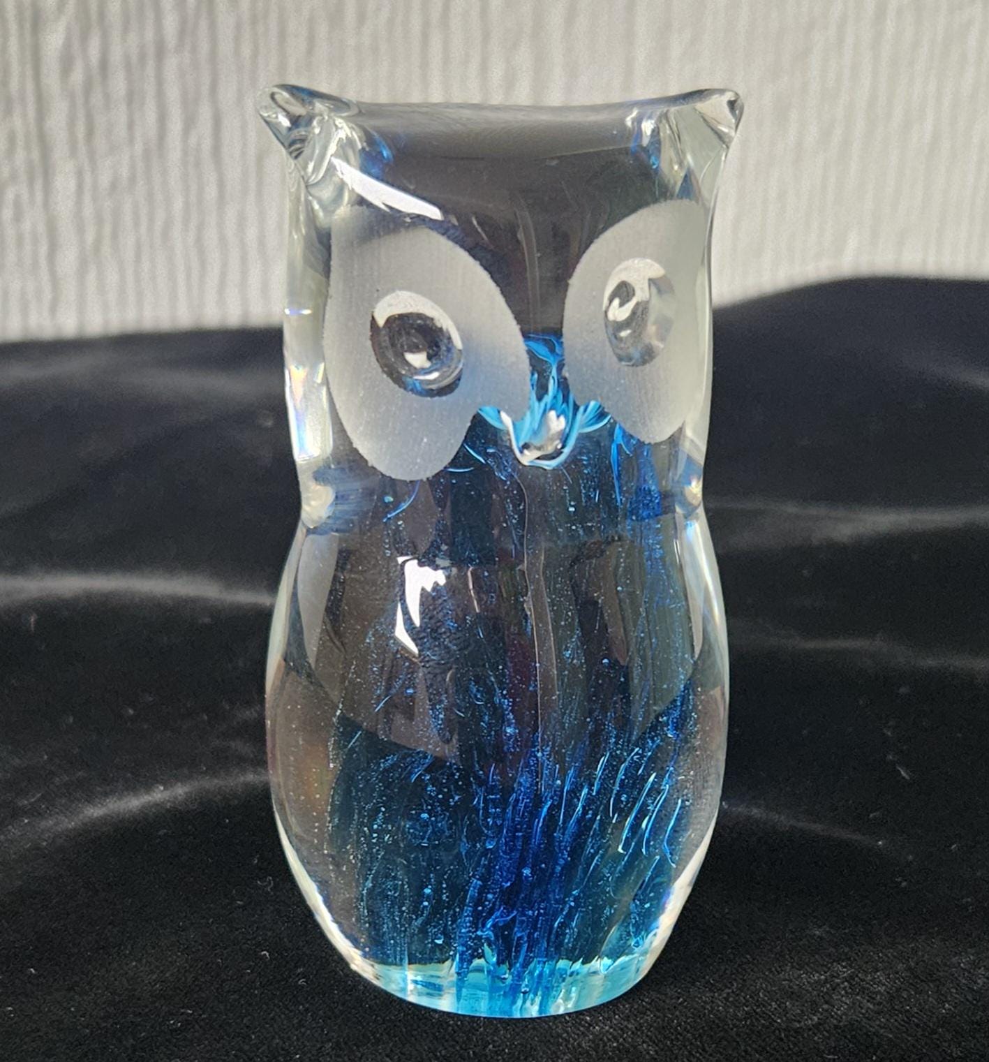 Vintage Langham Glass Hand Made Clear and Blue Glass Owl Ornament