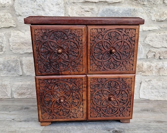 Vintage Oriental Style Handmade Ornate Carved Solid Rosewood 4 Drawer Table-Top Low Chest Cabinet