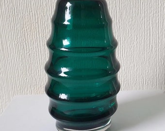 Midcentury Scandinavian Modern Hooped Vase Green Glass Magnor Norway, 1960