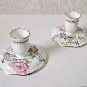Pair Vintage Pretty Floral Candlesticks ,Taper Candle Holders CROWN STAFFORDSHIRE Bone China Made in England