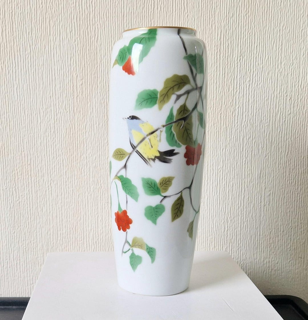 ヴィンテージ深川磁器花瓶：手描きの鳥と花、高さ11インチ - Etsy 日本