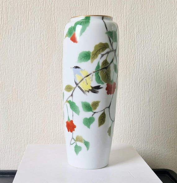 ヴィンテージ深川陶器花瓶：手描き鳥と花、11インチ - Etsy 日本