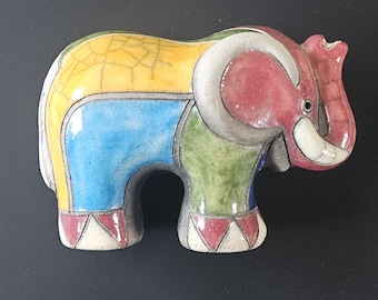 Elefant Bunt Raku Keramik Elefant Ornament Crackle-Glasur Südafrika 17 cm Lang X 10 cm Groß Bunt Handgemacht