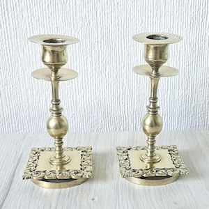 Vintage Small Ornate Brass Candlesticks Matching Pair of Gold Brass Heavy Quality 14cm Tall