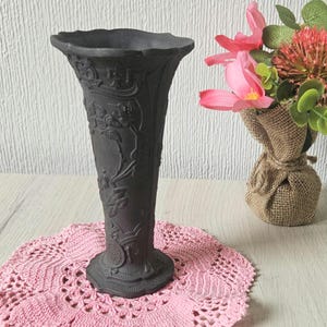 Antique 19th Century Wedgwood Black Basalt Small Trumpet Vase Stamped Foliage impressed Design 15.5cm Tall